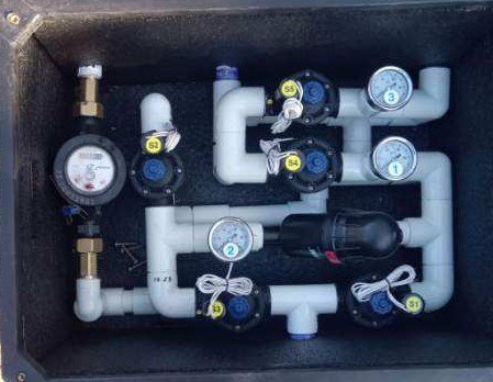 OSCAR-XO2 reverse-flush headworks — flow meter, disc filter, pressure gauges, and solenoid zone valves